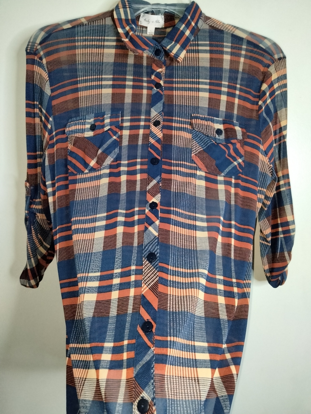 Bailey & Chloe (Sz L) Blue & Brown Plaid Semi-sheer Button Roll Tab Sleev3 Shirt - Picture 5 of 13